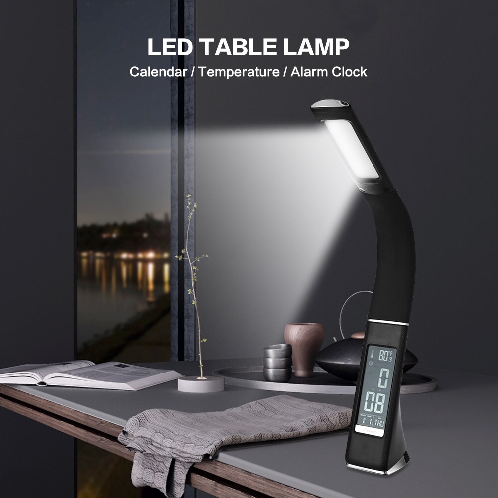2019 오리지널 LED 테이블 램프 전자 VA 스크린, 3 단계 밝기 조절 가능한 책상 조명, 달력 온도 알람 시계 프리미엄